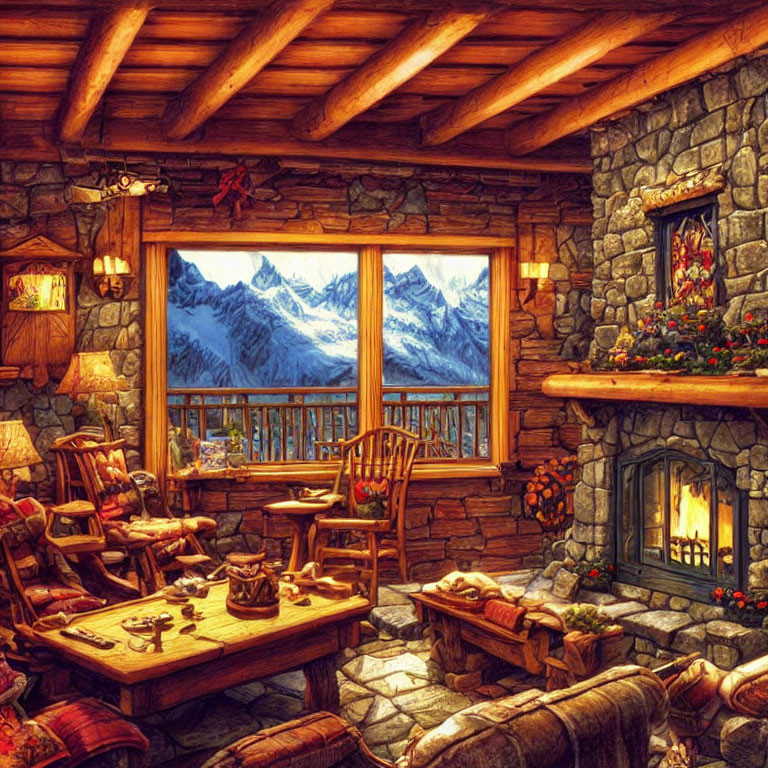 Snowy Mountain Cabin Interior with Fireplace & Festive Decor