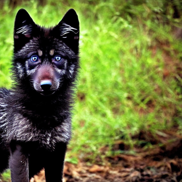 Black Puppy with Blue Eyes and Pointy Ears on Greenery Background