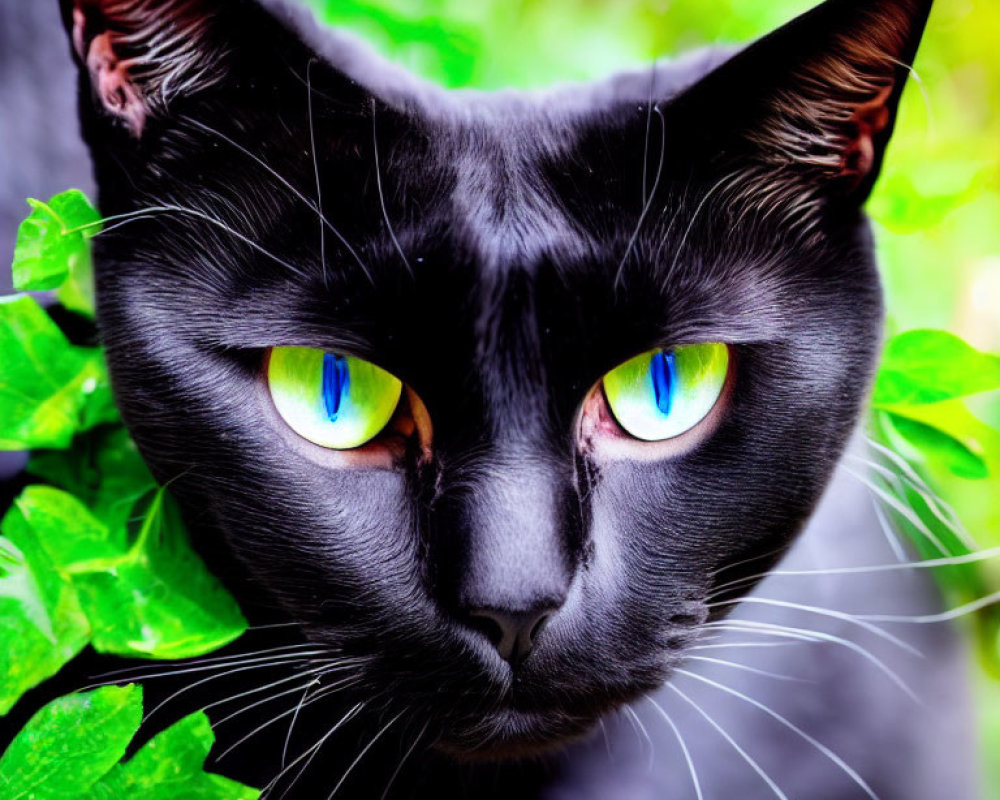 Black Cat with Striking Green Eyes Among Green Leaves