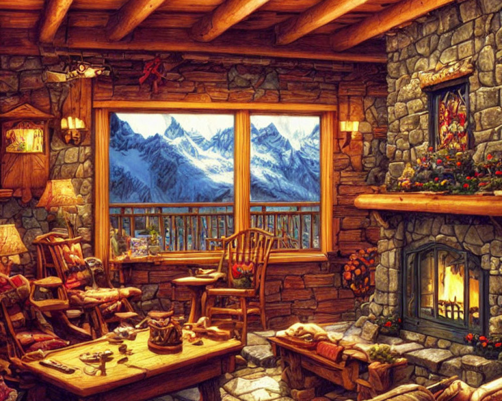 Snowy Mountain Cabin Interior with Fireplace & Festive Decor