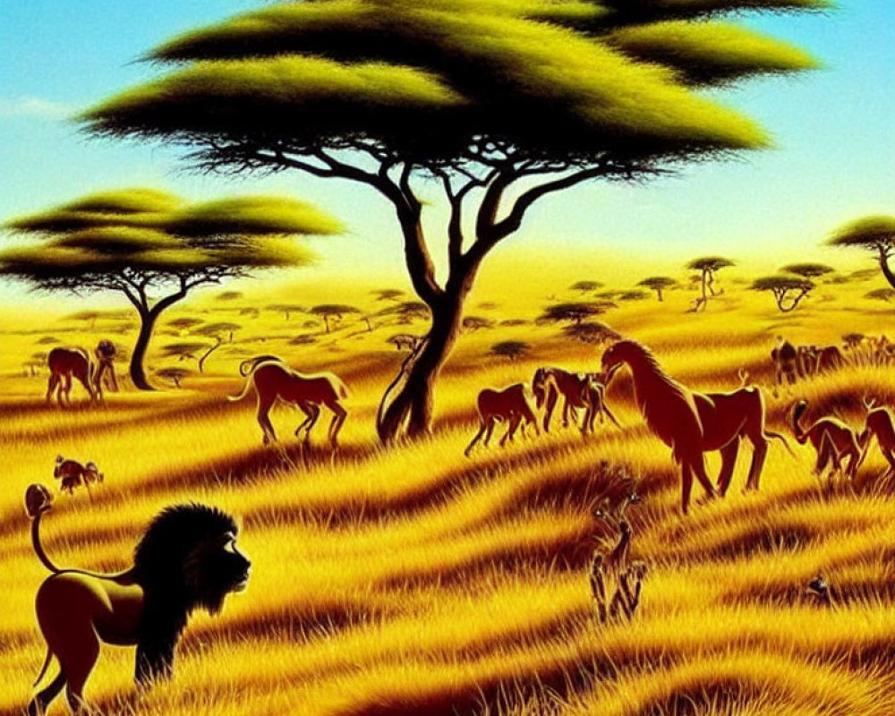 African savanna scene with lions and acacia trees