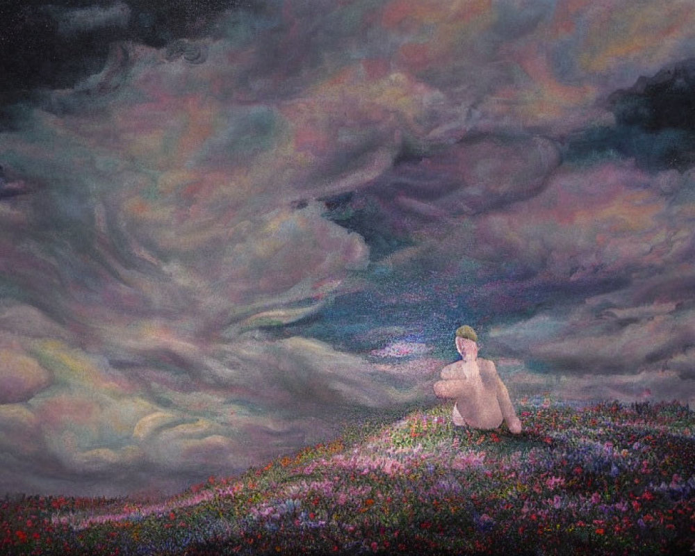 Solitary figure on flower-covered hill gazes at swirling purple, pink, and grey cloudscape