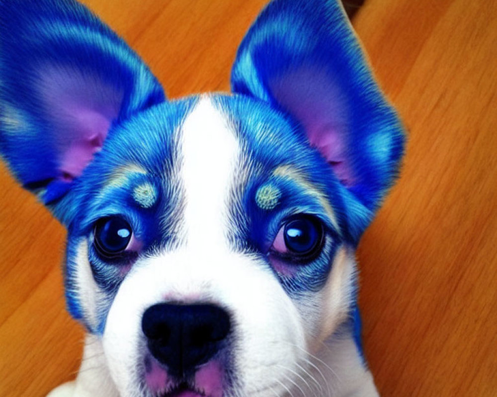 Digitally Altered Image: Puppy with Blue Ears and Face Patterns