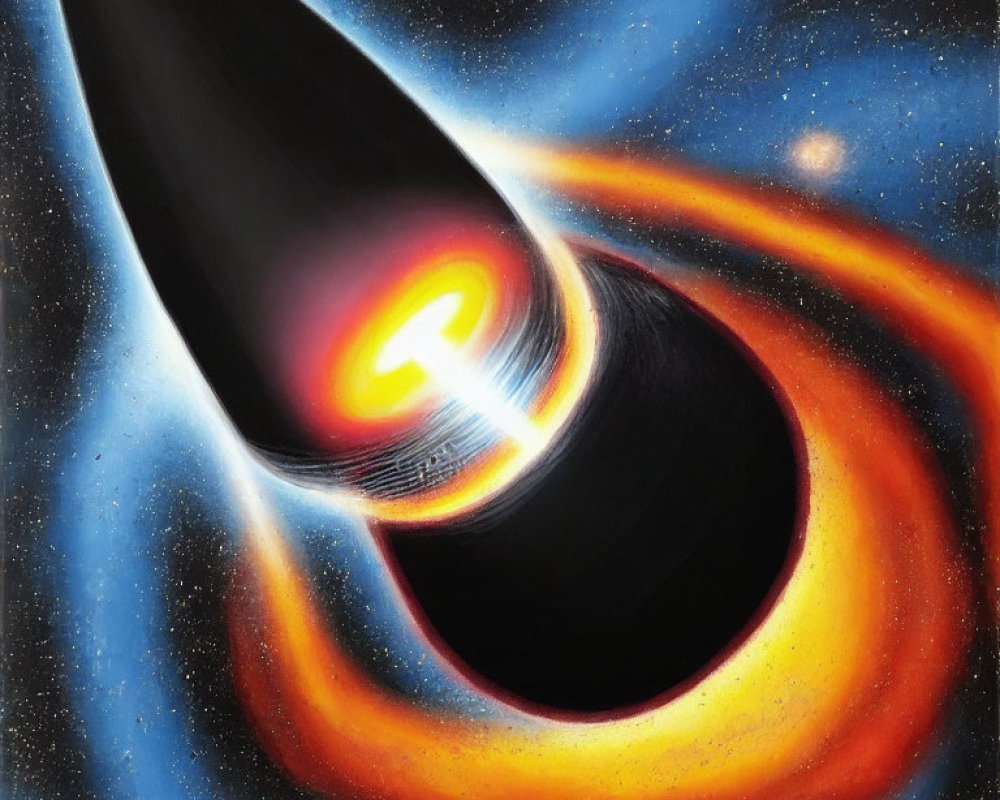 Black hole art: swirling orange and yellow accretion disk in starry space.