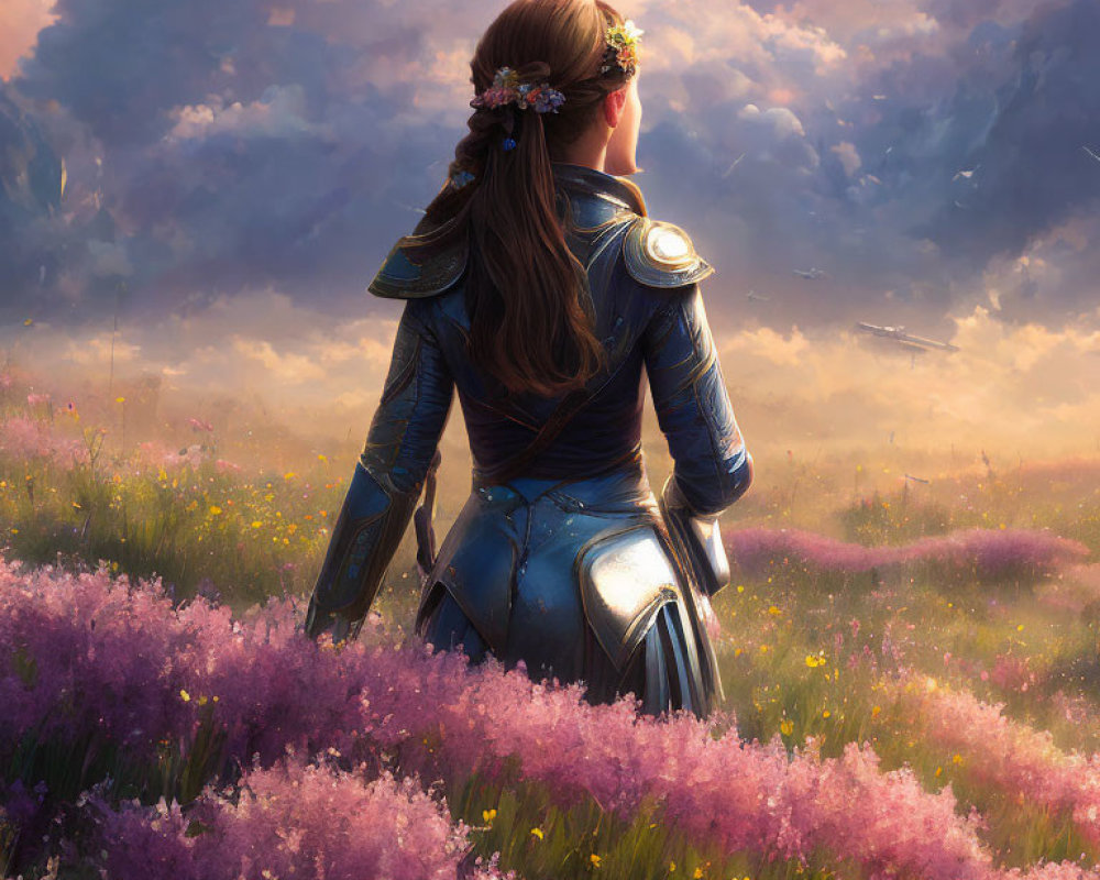 Woman in armor with flower crown gazing at vibrant sky in purple flower field