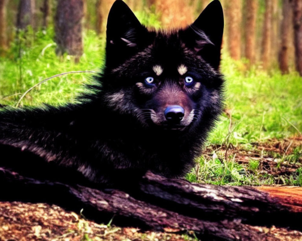 Striking blue-eyed black dog resting in forest setting