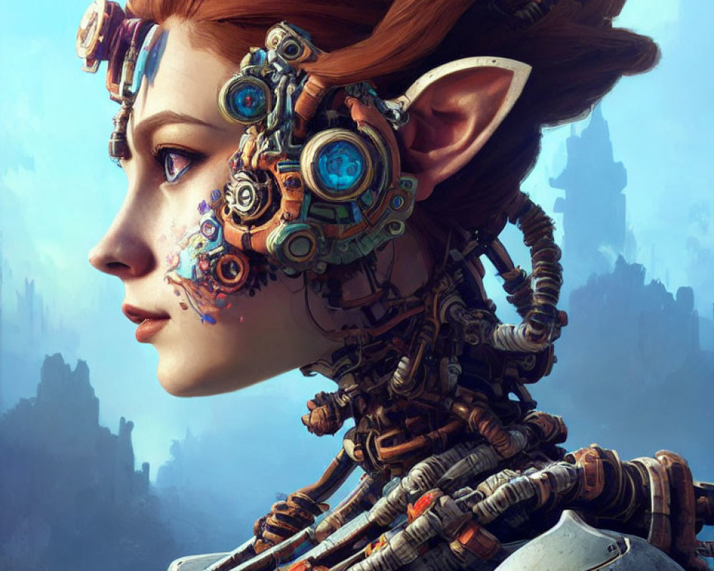 Fantasy-themed image of female character with elfin ears and cybernetic enhancements