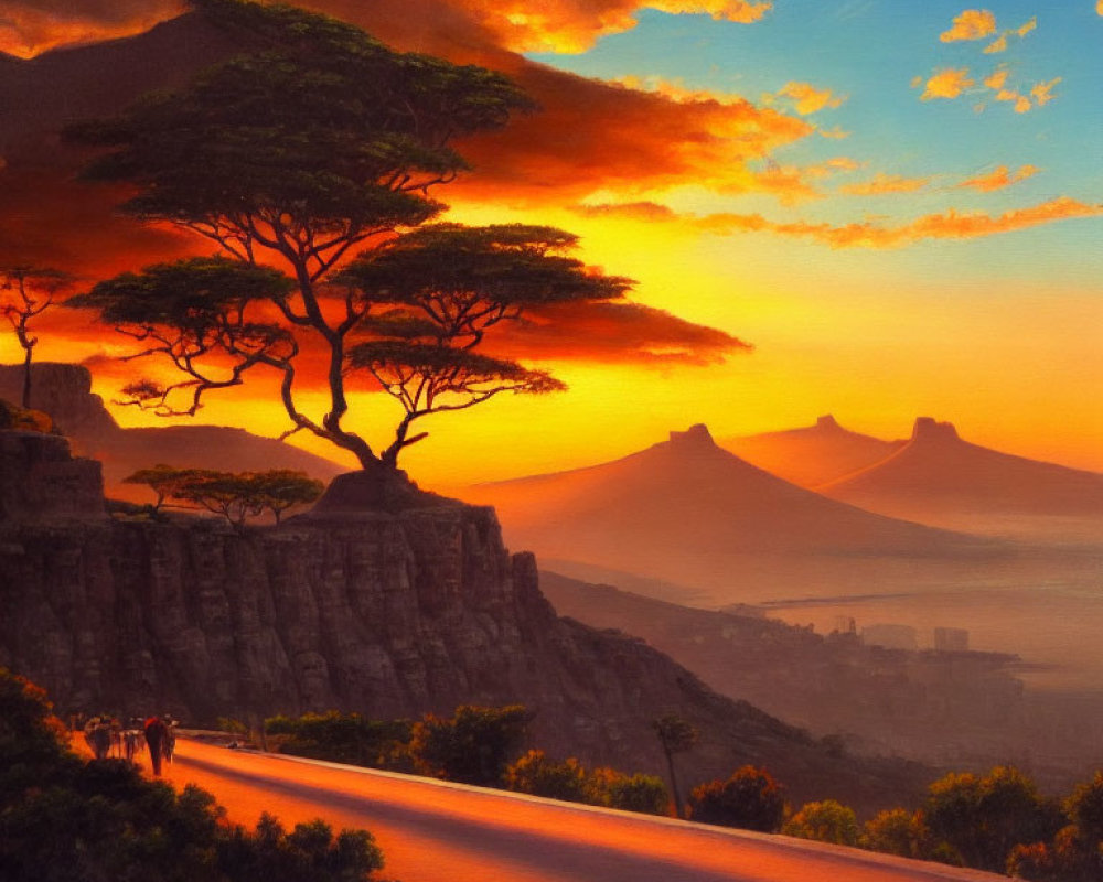 African savanna landscape at sunset with acacia tree and giraffes