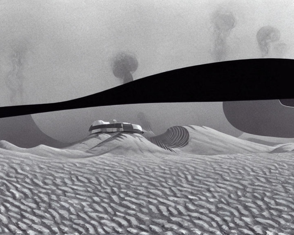 Desert landscape with sand dunes, futuristic building, and smoke plumes under dark sky