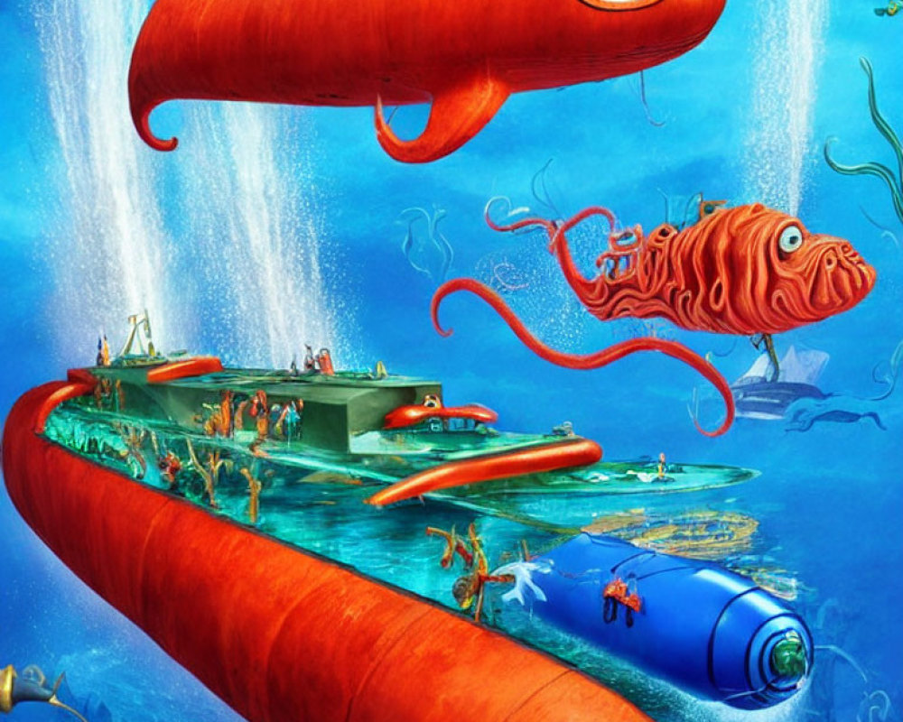 Colorful Underwater Scene with Submarine-Like Fish and Divers