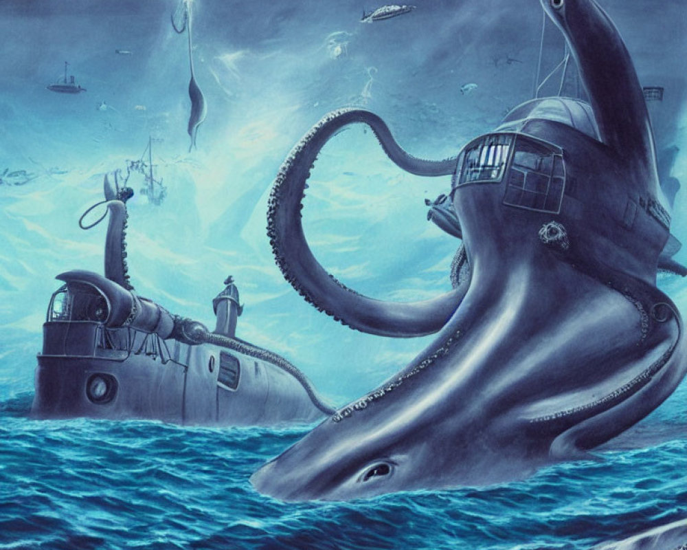 Giant whale with tentacles grasping submarine in underwater scene