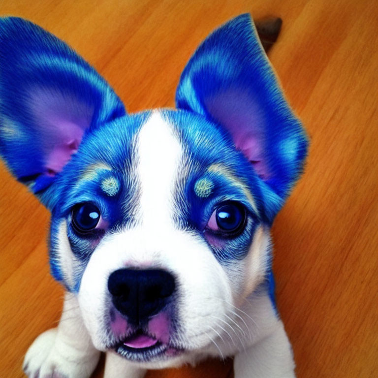 Digitally Altered Image: Puppy with Blue Ears and Face Patterns