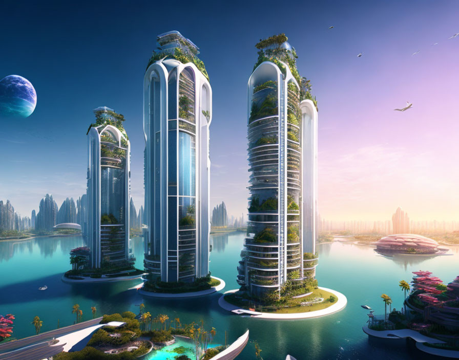 Futuristic cityscape with tall cylindrical buildings, greenery, water, moon, and flying vehicles