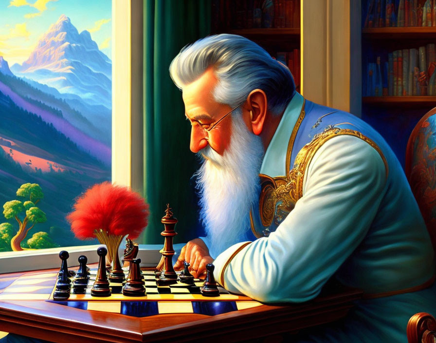 Elderly man playing chess in blue robe with ornate window and bookshelves