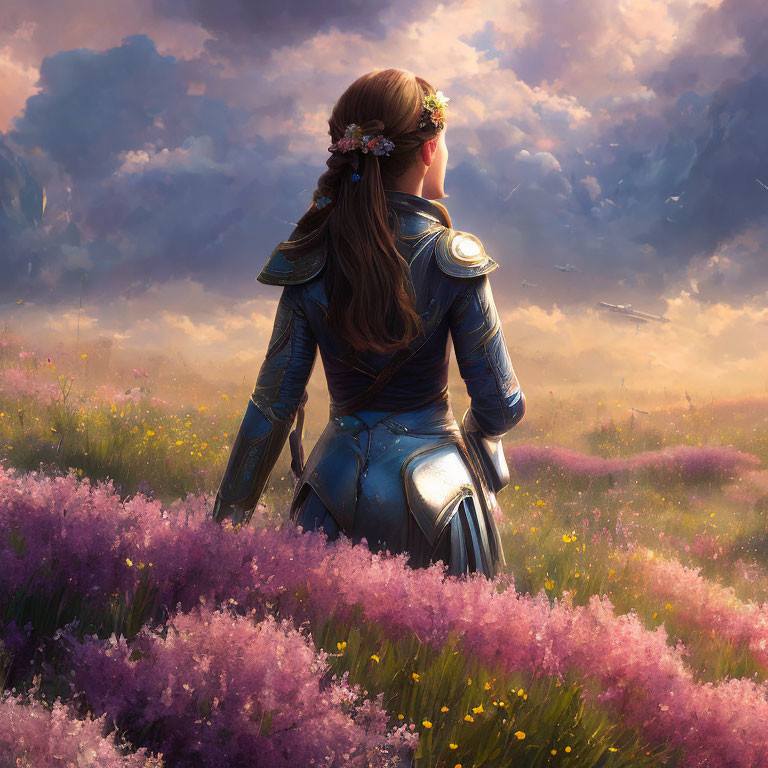 Woman in armor with flower crown gazing at vibrant sky in purple flower field