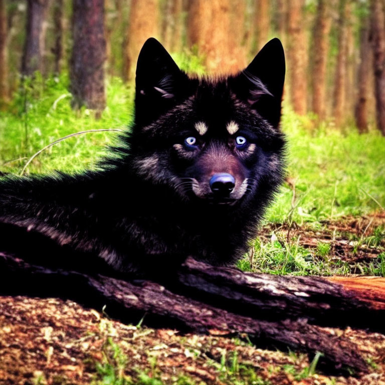 Striking blue-eyed black dog resting in forest setting