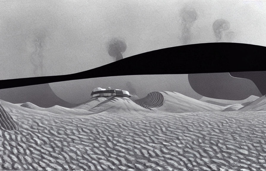 Desert landscape with sand dunes, futuristic building, and smoke plumes under dark sky