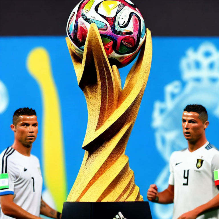 Soccer trophy with figures and colorful ball on blue and yellow background