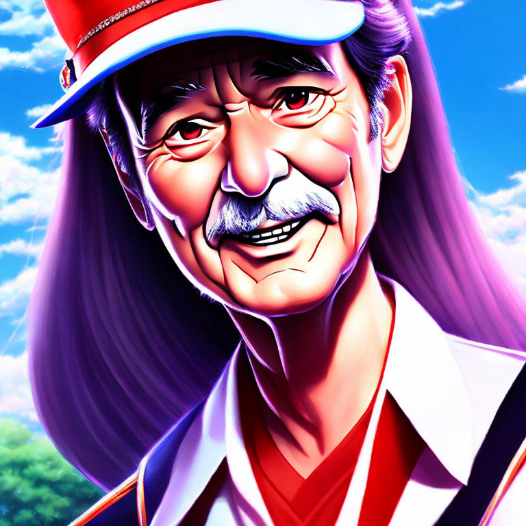 Elderly man with mustache in red cap and striped shirt under blue sky