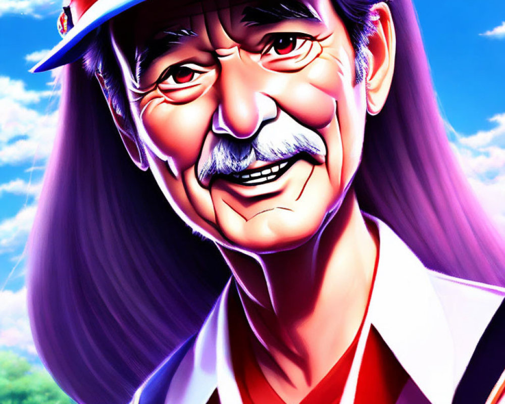 Elderly man with mustache in red cap and striped shirt under blue sky