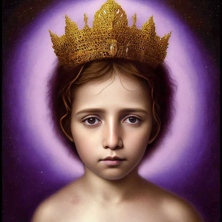 Young child wearing golden crown on purple starry background