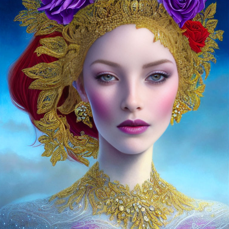 Illustrated portrait of woman with red hair, golden headdress, purple flowers, ornate gold jewelry