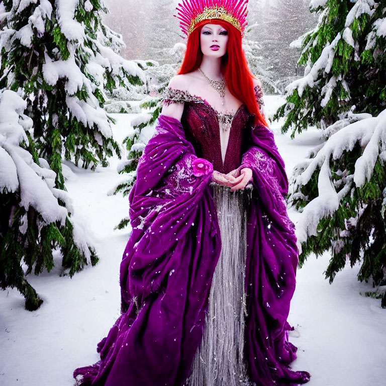 Person in Purple and Pink Outfit with Crown in Snowy Tree Setting