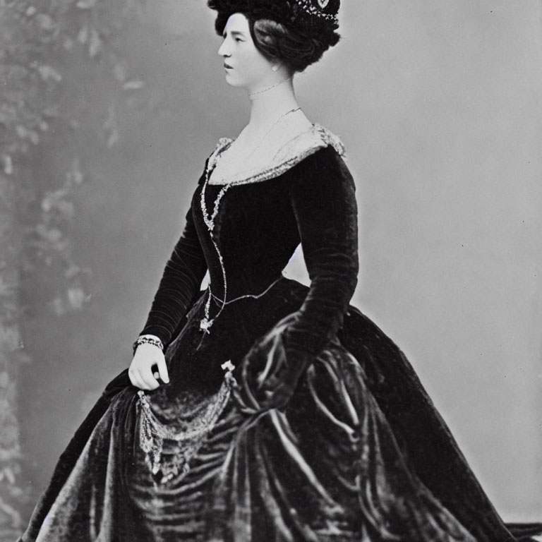 Vintage black-and-white photo of woman in formal velvet dress with lace collar, tiara, adorned hairstyle