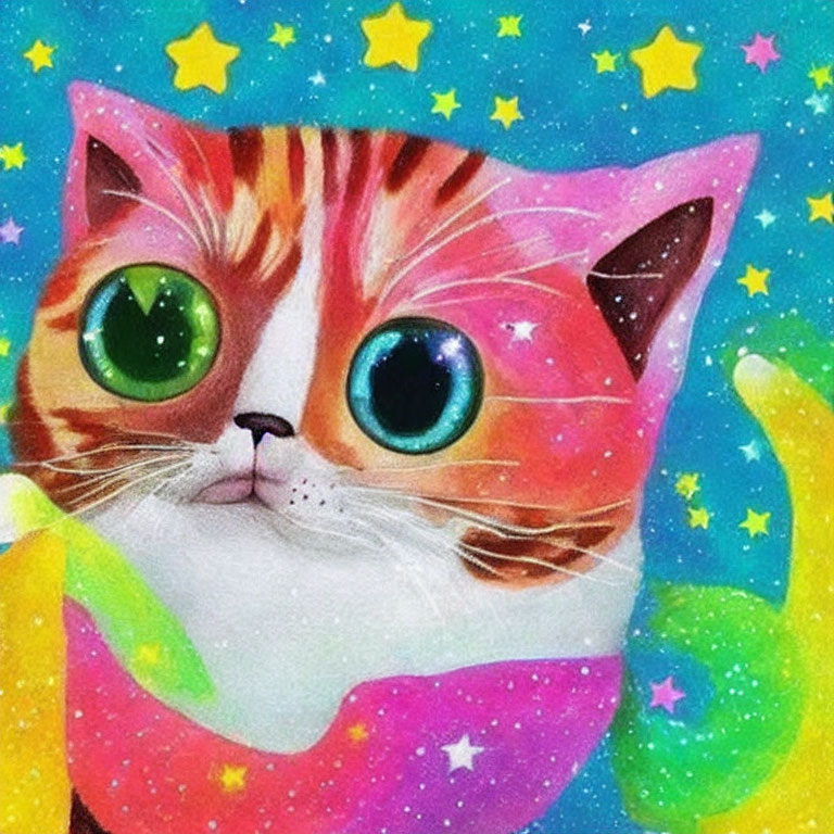 Colorful wide-eyed cat with cosmic background and green scarf