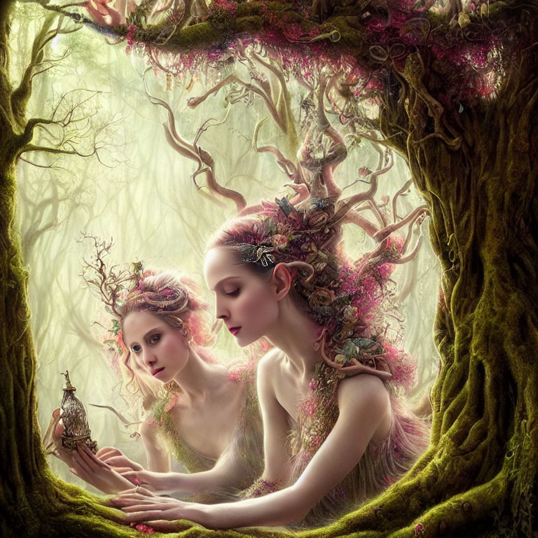 Ethereal beings with tree-like features and floral adornments in mystical forest