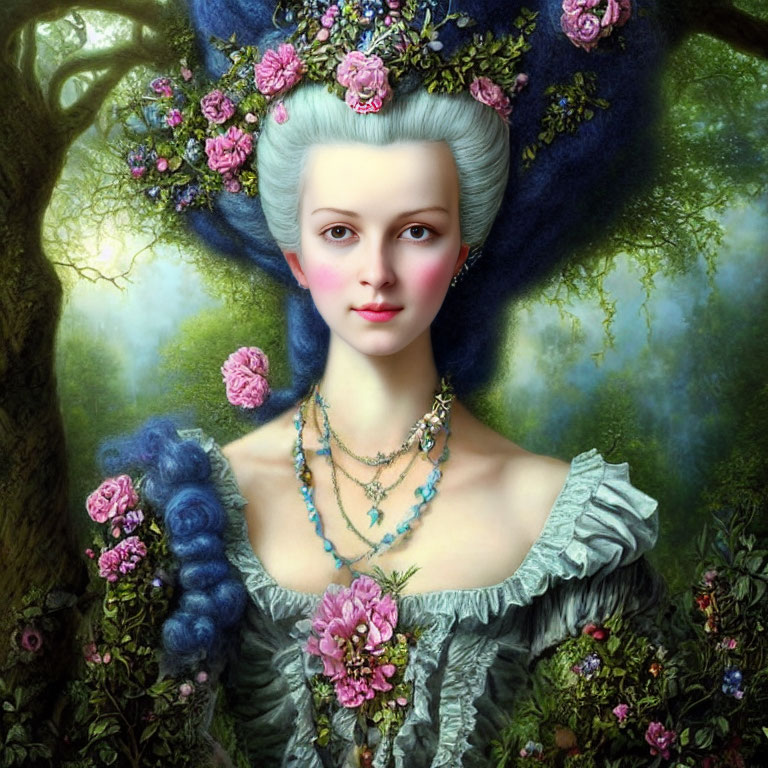 Woman with Blue Hair and Floral Dress in Mystical Forest Setting