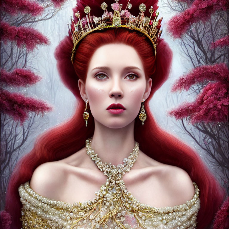 Regal woman with red hair, golden crown, surrounded by pink blossoms in misty forest.