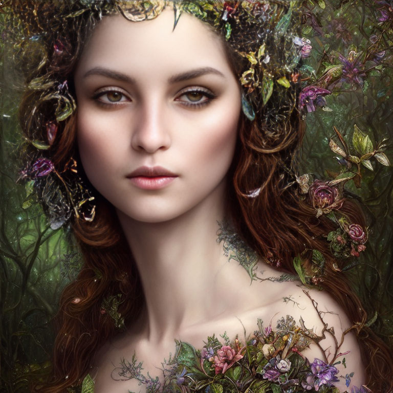 Portrait of Woman with Floral Crown in Botanical Setting