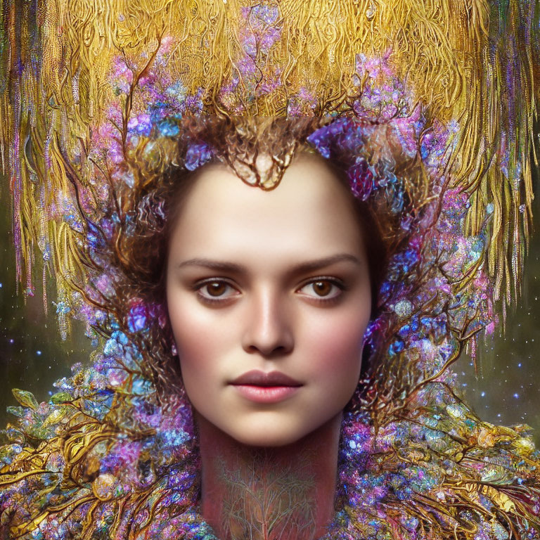 Portrait of a woman with vibrant ornate headpiece and starry backdrop