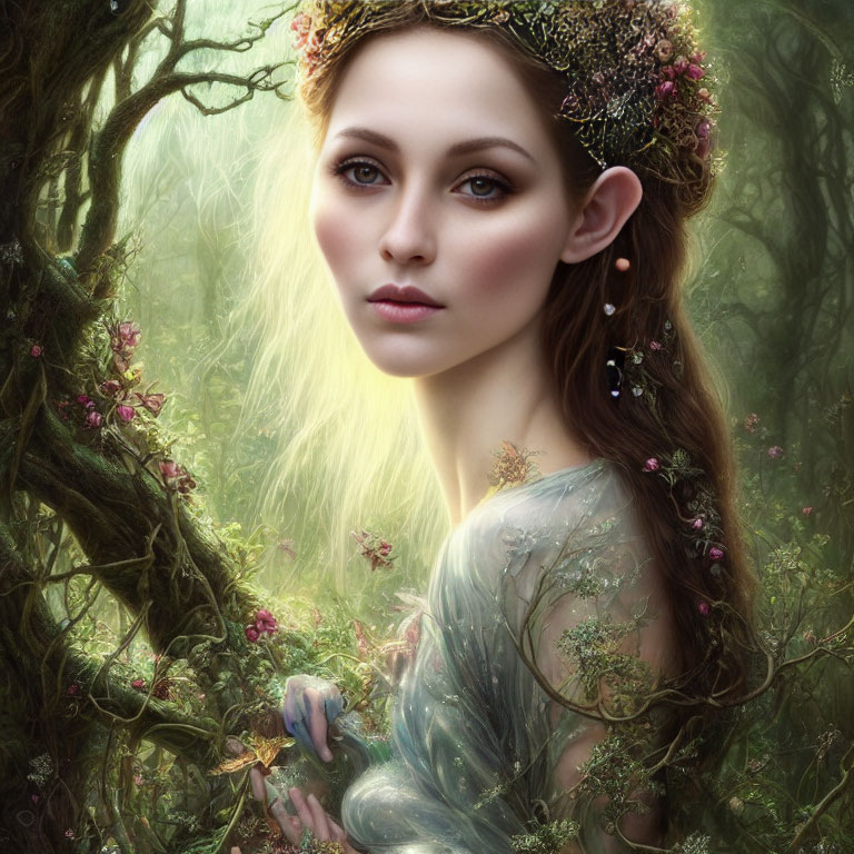 Mystical woman in floral crown in enchanted forest