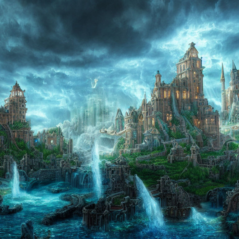 Mystical city with grand buildings and waterfalls under stormy sky