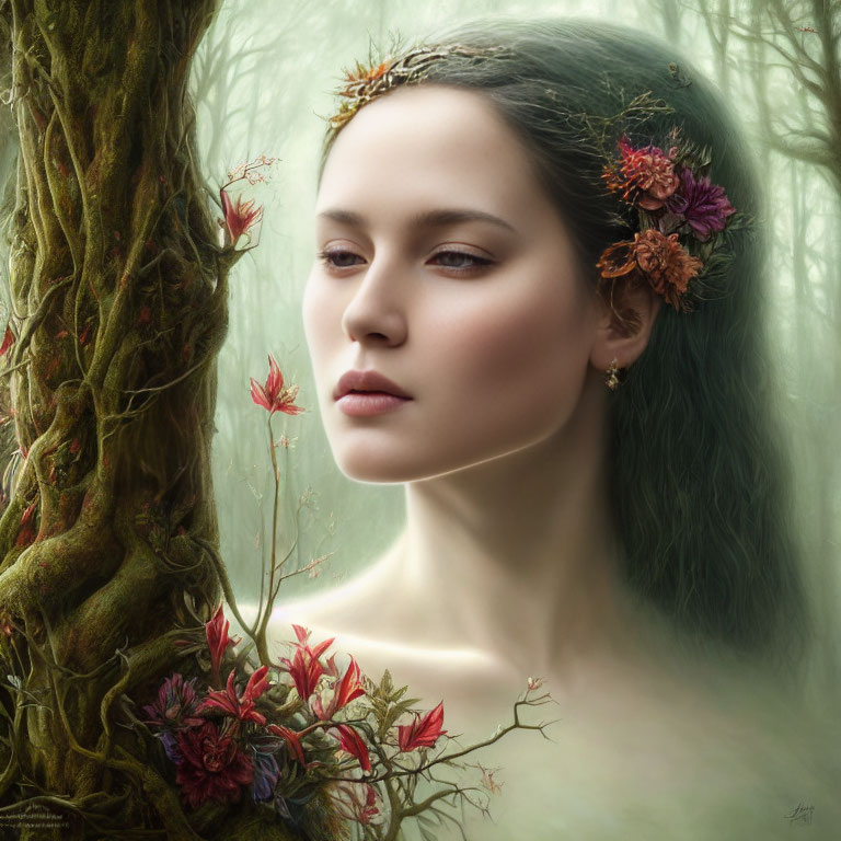 Woman with floral crown in misty forest setting.