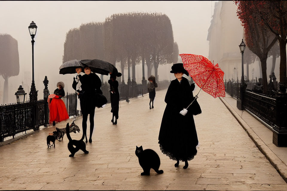 Vintage Attire People Walking with Umbrellas on Foggy Tree-Lined Path