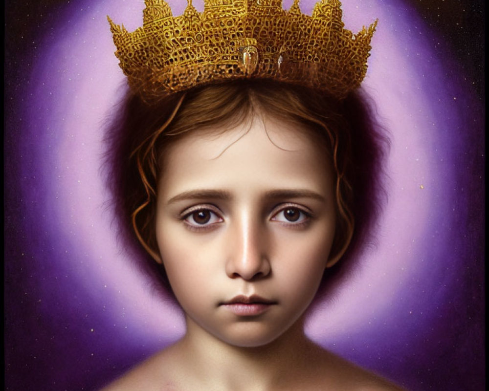 Young child wearing golden crown on purple starry background