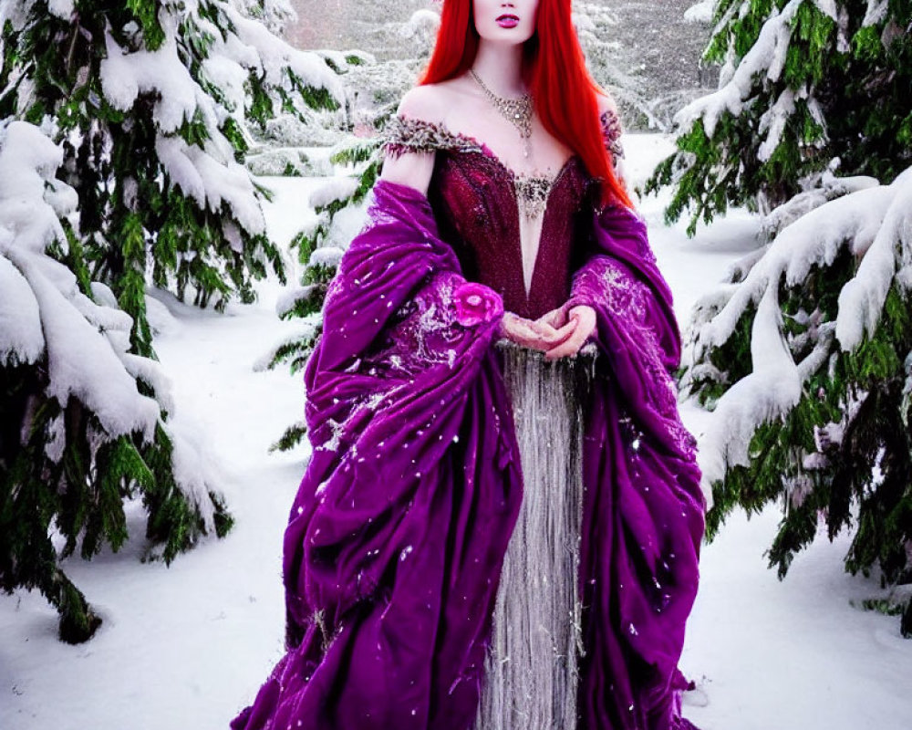 Person in Purple and Pink Outfit with Crown in Snowy Tree Setting