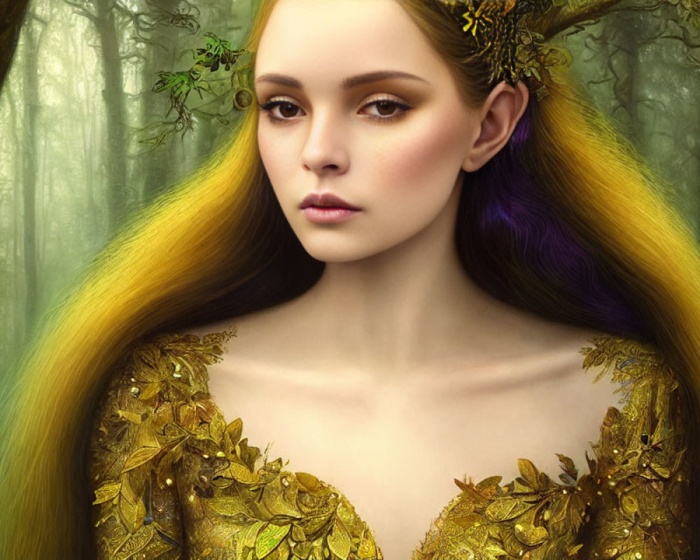 Mystical woman with golden hair and purple streaks in leafy gold shoulder piece in enchanted forest