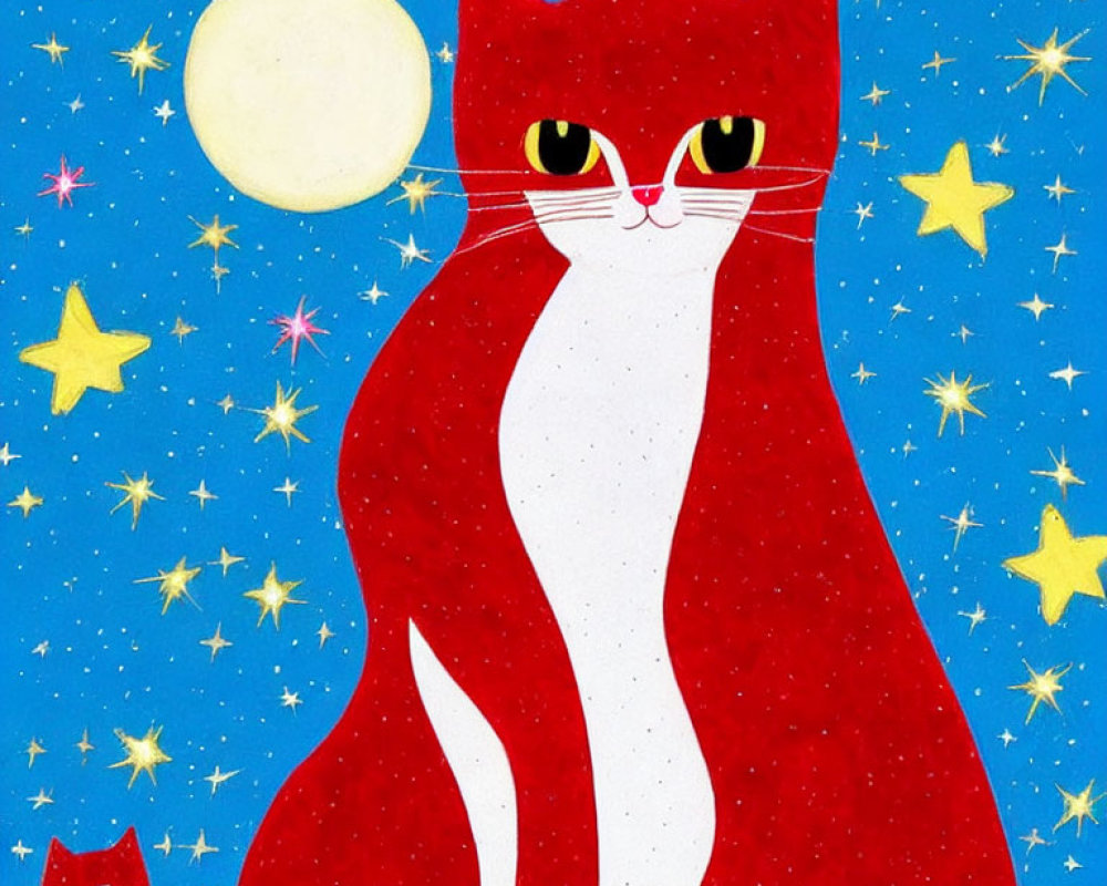 Illustration of large red and white cat under night sky with stars and full moon