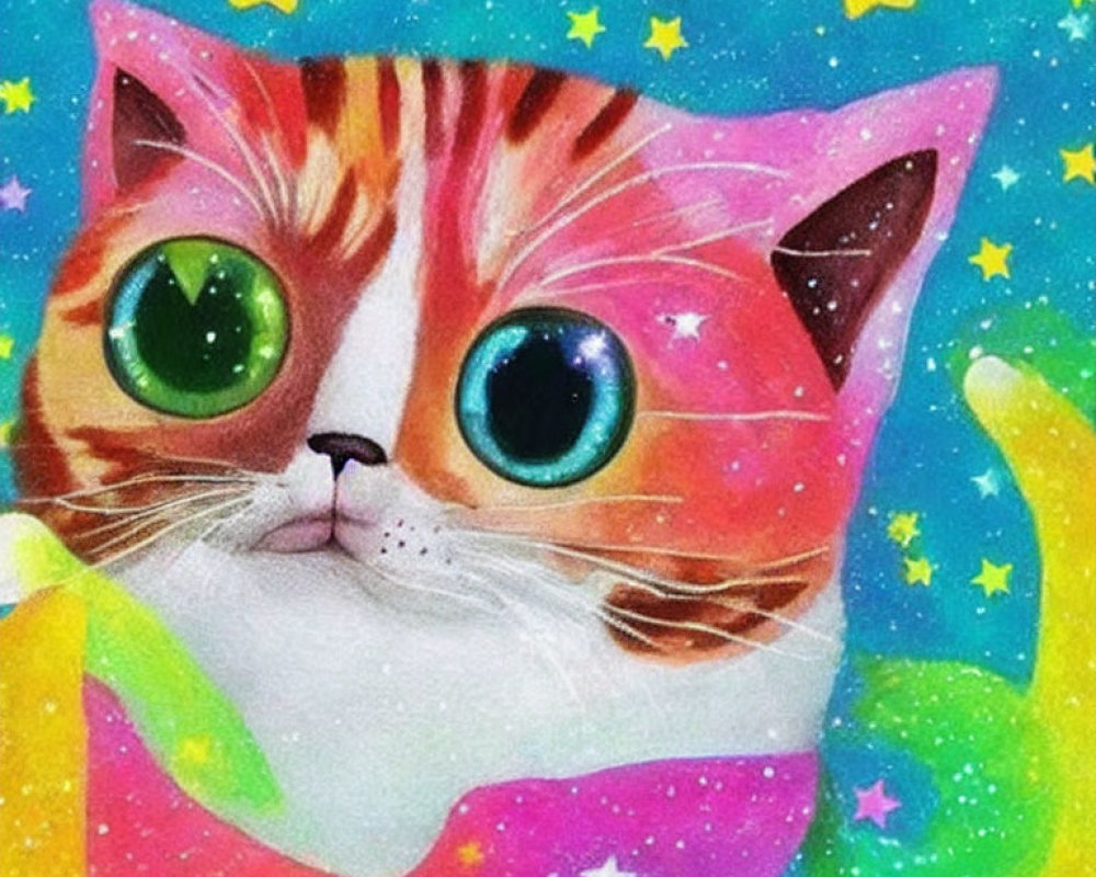 Colorful wide-eyed cat with cosmic background and green scarf