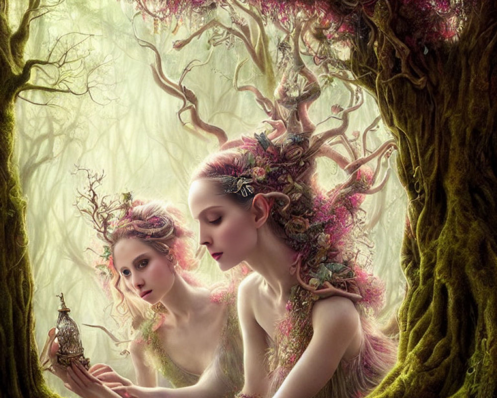 Ethereal beings with tree-like features and floral adornments in mystical forest