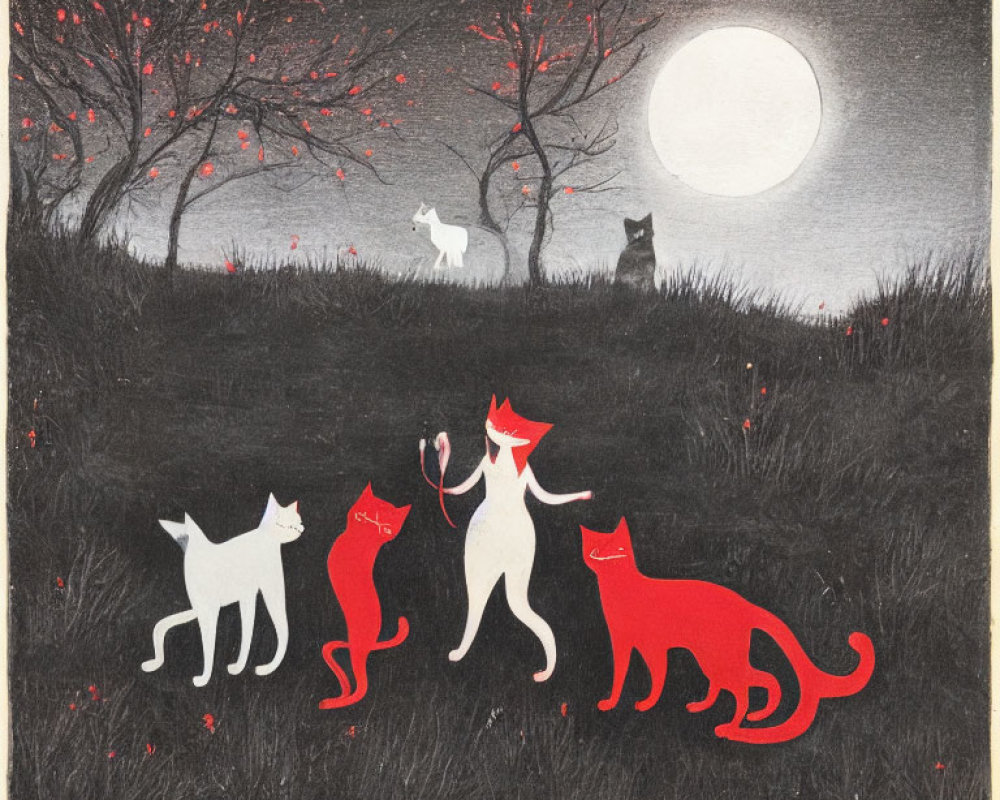 Four Cats and Dog Under Full Moon on Night-time Hill