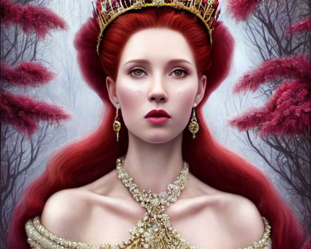 Regal woman with red hair, golden crown, surrounded by pink blossoms in misty forest.