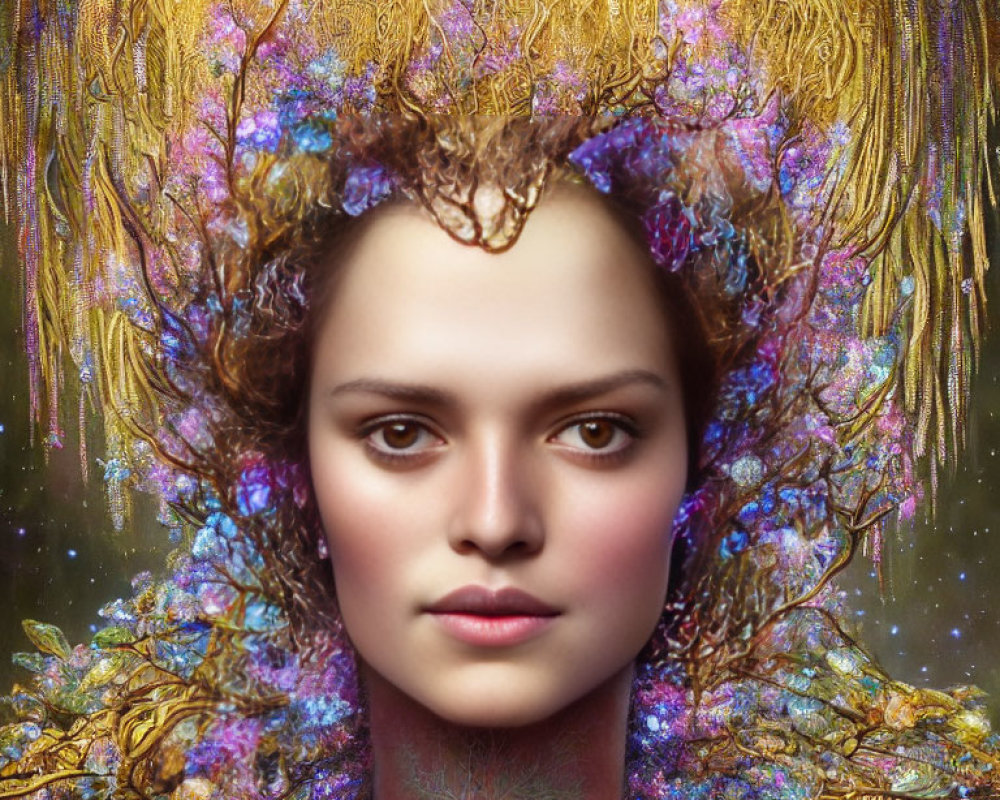 Portrait of a woman with vibrant ornate headpiece and starry backdrop