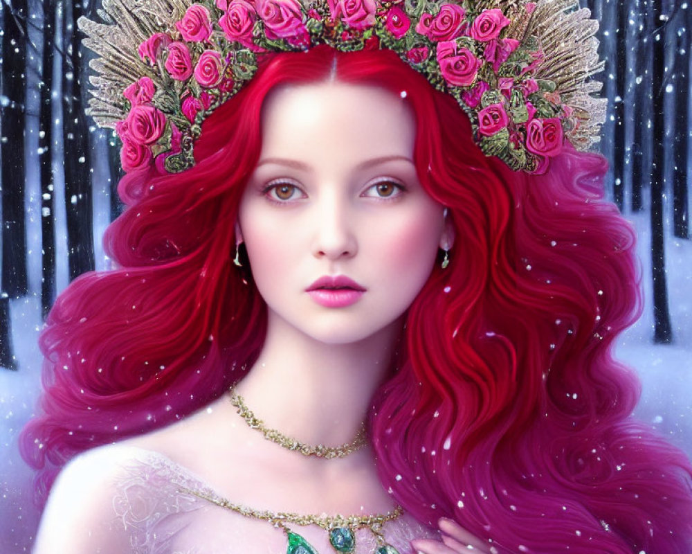 Digital portrait of woman with red hair, pink rose crown, snowy forest backdrop