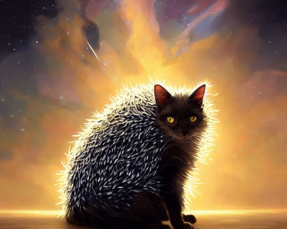 Fantastical creature: hedgehog body, black cat face, glowing yellow eyes, cosmic backdrop