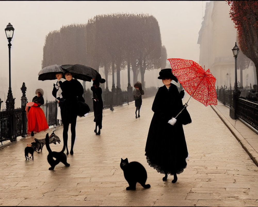 Vintage Attire People Walking with Umbrellas on Foggy Tree-Lined Path